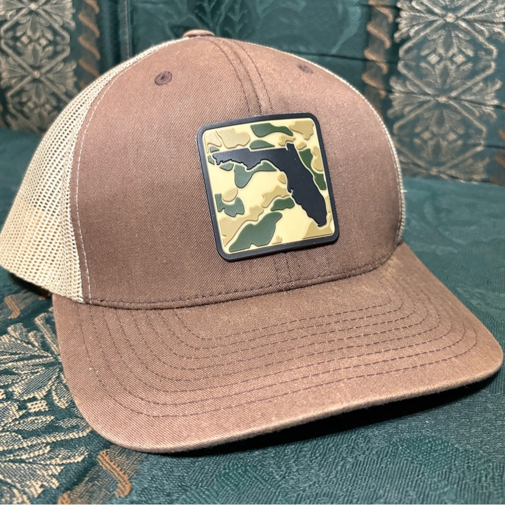 Brown and Tan Trucker Hat with Camo Patch